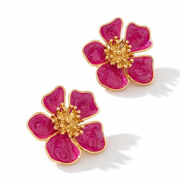 Anthropologie Jewelry - New! Pink Hand Painted Gold Flower Earrings (3014) NWOT